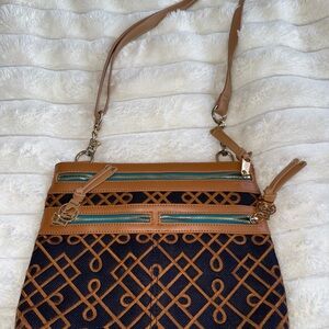 Spartina 449 Tan and navy blue Crossbody Bag linen leather genuine
